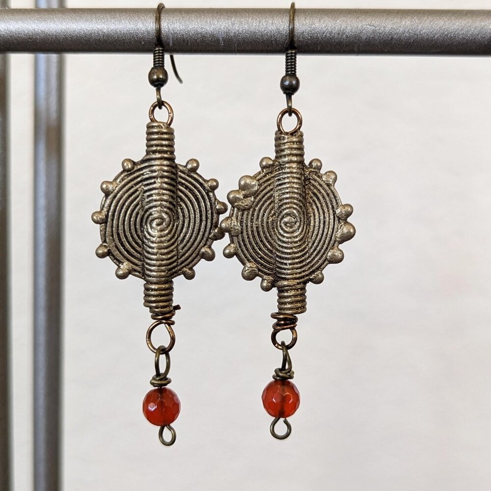 Boho Burnt Orange Carnelian African Brass Dangle Statement Earrings
